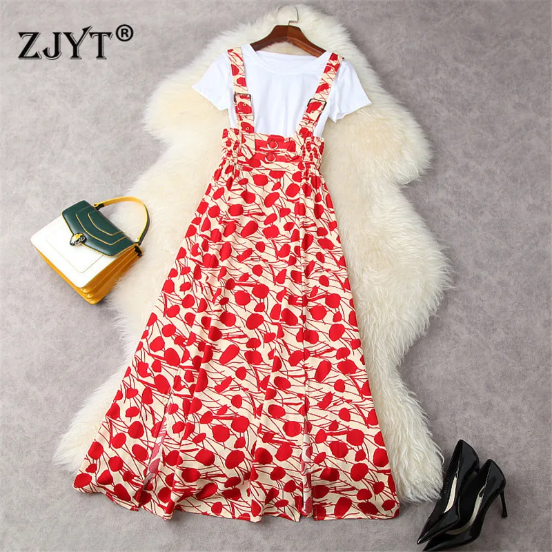 

Fashion Summer Streetwear Women 2021 New Designers Short Sleeve White TShirt and Print Strap Long Dress Suit 2 Piece Sets