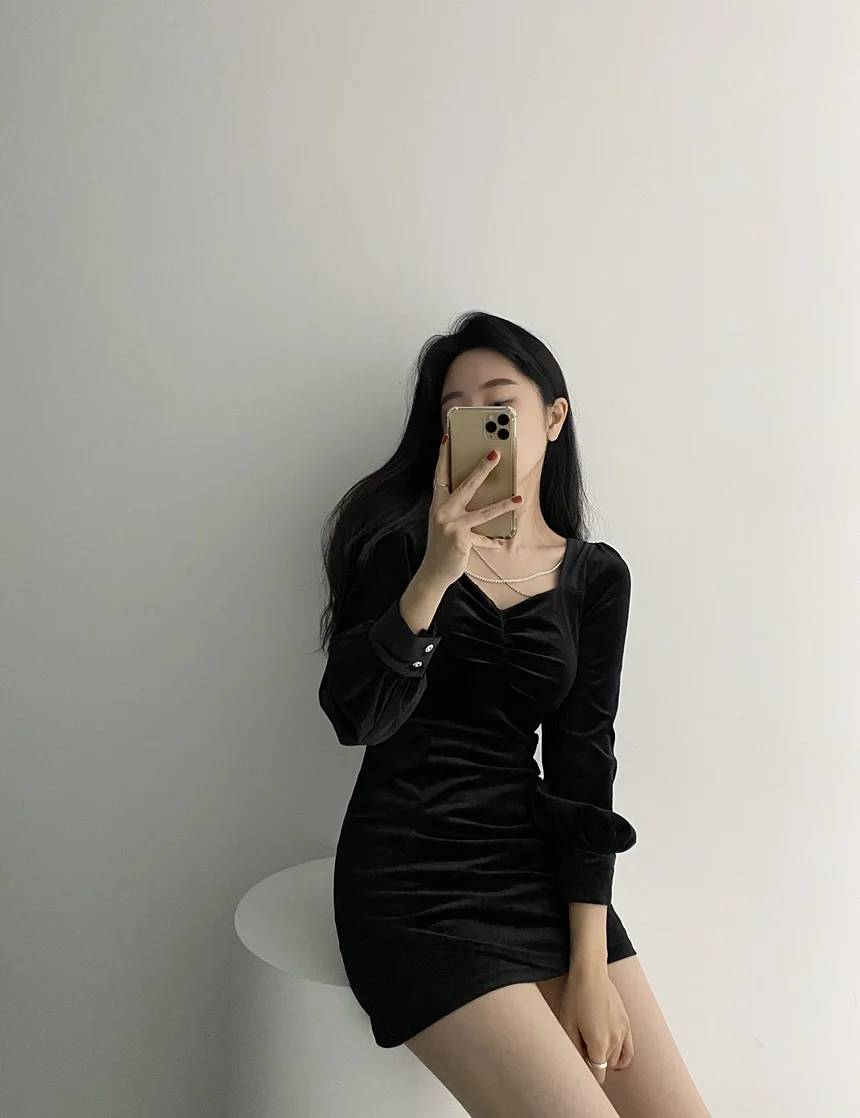 

2021 Spring Winter Women Dress Chic Beading Collar Lantern Long Sleeve Slimming High Waist Korean Style Fashion Dress Elegant