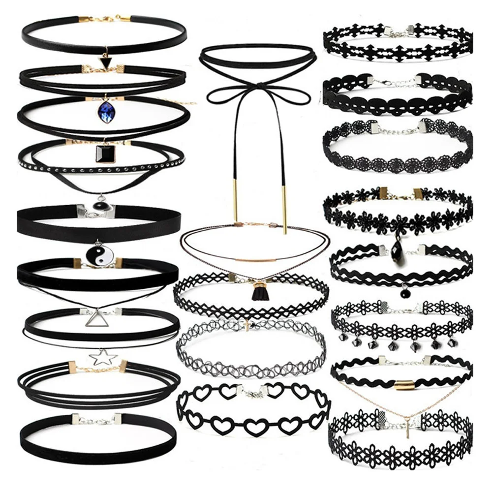 

4-22Pcs/set Choker Necklaces Set Gothic Tattoo Black Lace Leather Velvet Neck Jewellery Women Collar Femme Charms Necklace 2020
