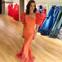 sevintage elegant mermaid satin evening dress orange flowers short sleeves prom gowns formal women dress vestidos de fiesta 2020