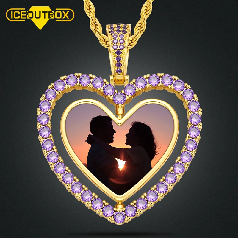 

Вращающийся Двухсторонний кулон с полым сердцем, индивидуальное фото, медальон с памятью, ожерелье, розовый, фиолетовый, кубический циркон, ...