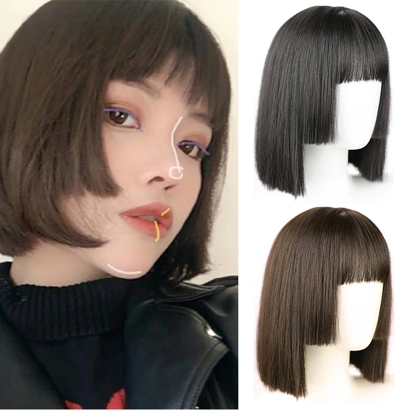 XUANGUANG Short Bob Wig Synthetic Heat Resistant Wigs Bangs Wig Straight Synthetic Wig Daily Wear Black brown dark brown