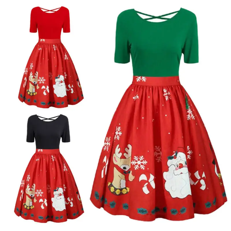 Плюс Размеры Рождество женская одежда Платье Клеш до середины икры Вечерние
