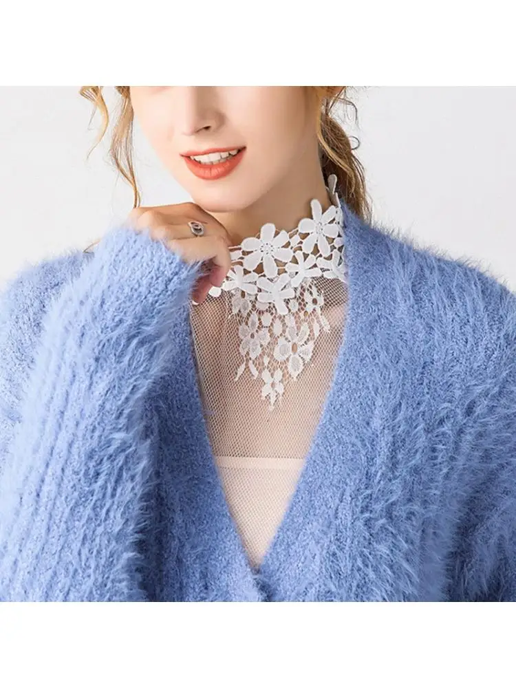 

Women Hollow Mesh Floral Fake Collar Turtleneck Pullover Detachable Half Blouse 649C