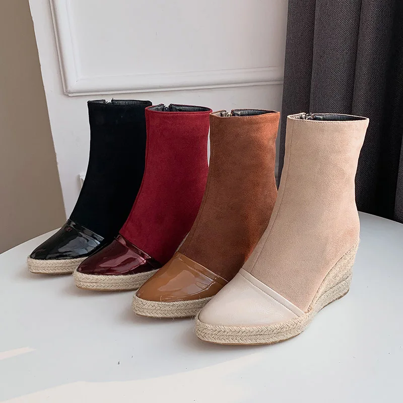 Черные женские замшевые ботинки Phoentin на танкетке с застежкой молнией 2019