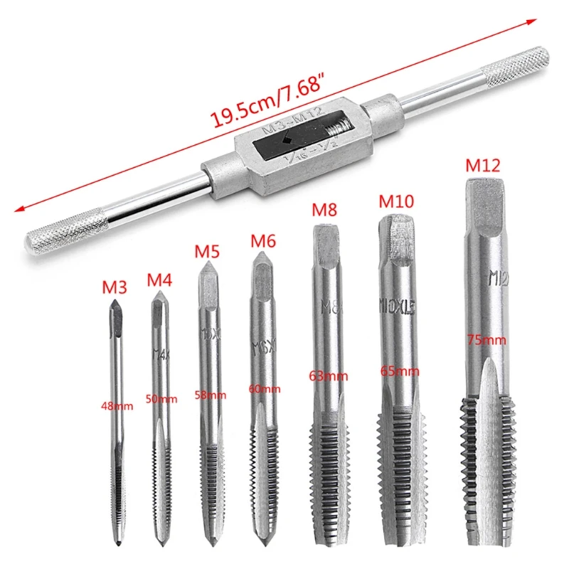 

8 Pcs Hand Screw Thread Metric Plug Tap Set M3-M12 With Adjustable Tap Wrench Hand Tools
