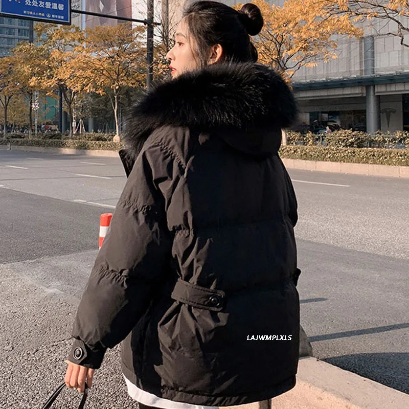 

Women's Puffer down Jacket Fashion Natuer Large Fox Fur Hooded Loose Pockets Short White Duck Dowm Coat Thicked Snow Parkas