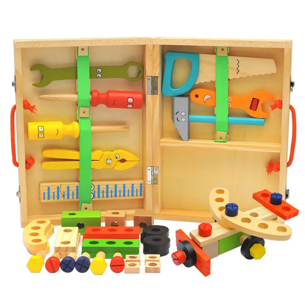 

GloryStar Tool Box Solid Wood Tool Box with Colorful Wooden Tools Construction Toy Role-play Set