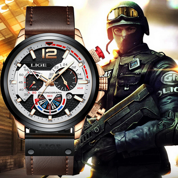 LIGE Watch Men Luxury Watch for Men Quartz Military Watches Fashion Chronograph Wristwatch Waterproof Leather Date Clock Man+Box-36748