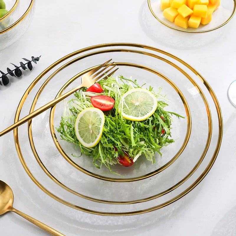 

Phnom Penh Glass Plate Transparent Fruit Household Creative Net Red Tableware Salad Bowl Large Nordic-Style Steak Plate