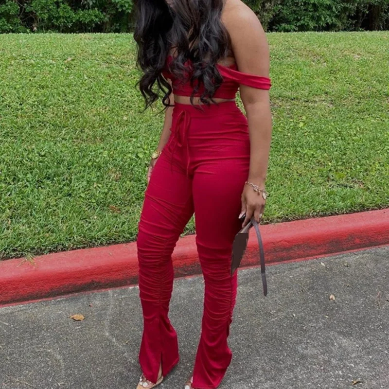 

Women sexy off shoulder slash neck crop top+pencil pants matching sets Summer solid pink,black,blue 2 piece sets womens outfits