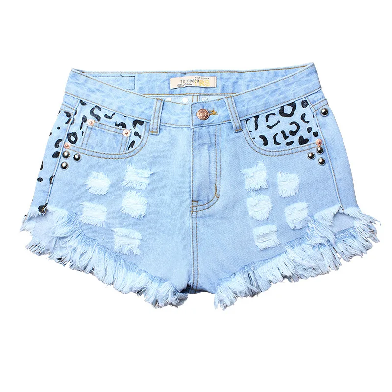 

Perforated rivet denim shorts loose wide leg high waist printed hot pants