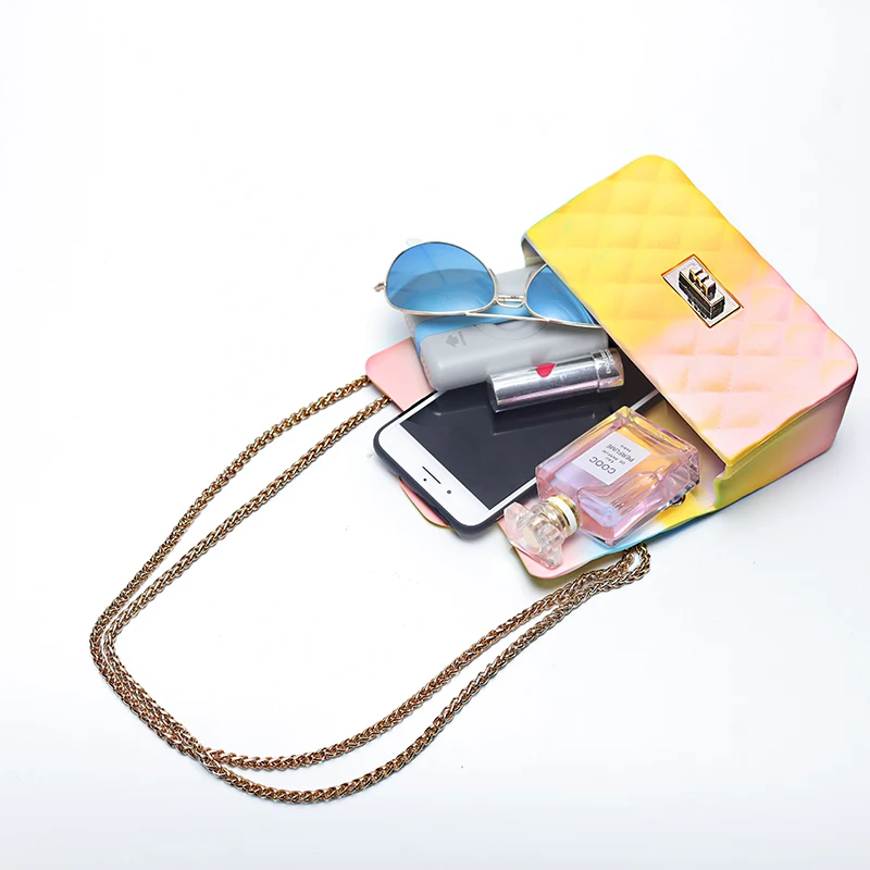 New Jelly Small Square Bag Clutch Purse Women's Bag Messenger Bag Gradient Rainbow Rhombic Chain Shoulder Crossbody Bag