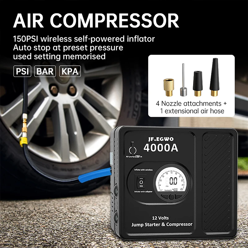 Дешево JF.EGWO 4000A пусковое для автомобиля бустер для запуска авто пускові пристрої стартеры зарядное для автомобиля компрессор пусковое устройство ...