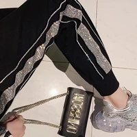 diamonds glitter pants womens cropped trousers black white shiny stripe streetwear sweatpants joggers high waist harem pants