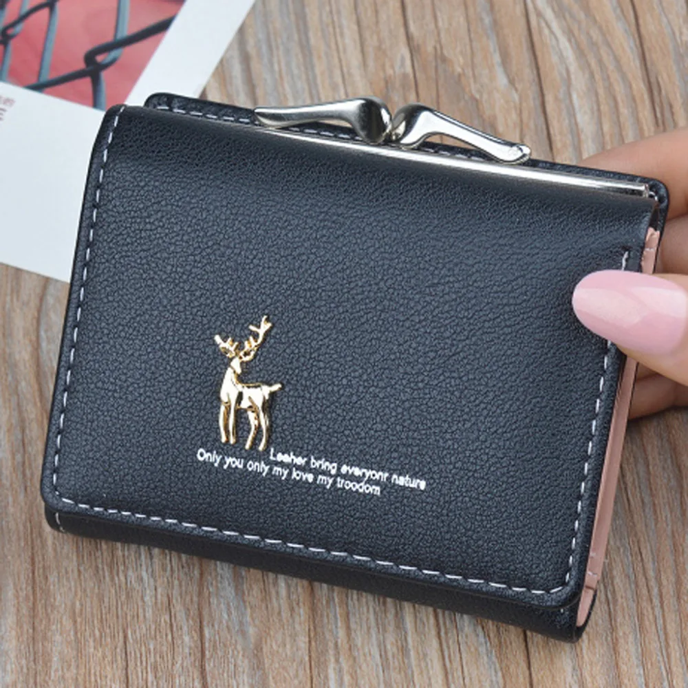 Cute Deer Women Mini Wallet Short Leather Wallet Girl Folding Wallets Clutch Pu Card Holder Ladies Purses Retro Coin Purse L*5