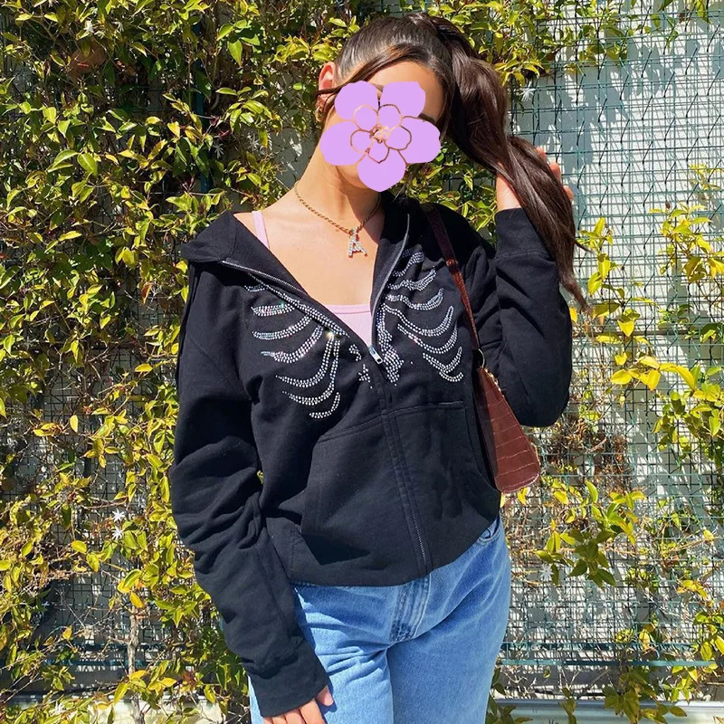 

Jacket Women Y2K Clothes Casual Rhinestone Hoodie Streetwear with Zipper Goth Female Sport Sweatshirts