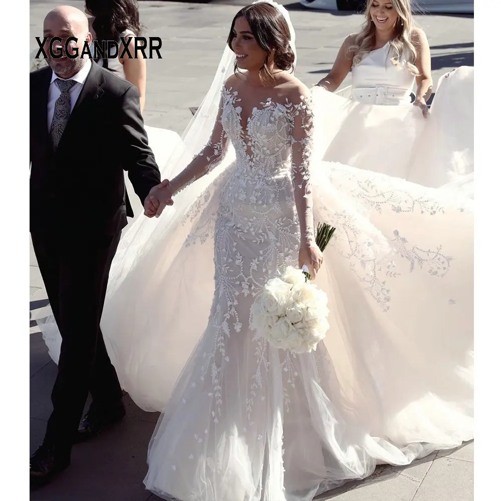 Luxury Mermaid Wedding Dress 2020 Bridal Gown Scoop Beading Flower Lace Overskirt Long Train White Bride Dress Custom made