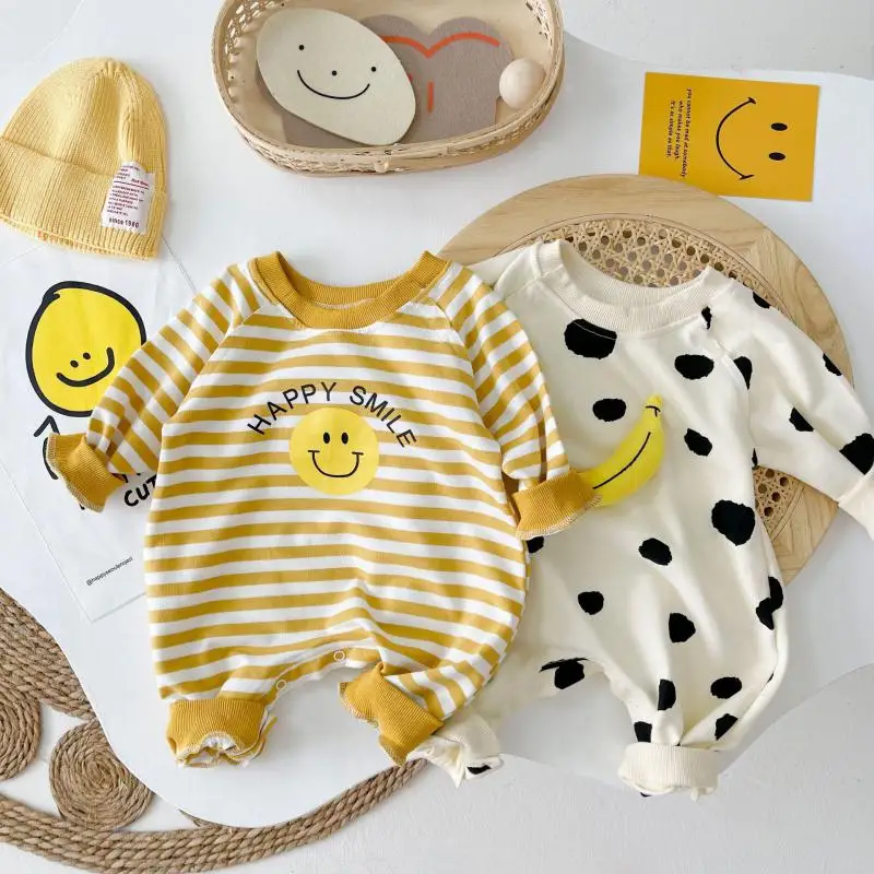 

2022 Spring Autumn Newborn Clothes Boys Fashion New Smiley Striped Infant Girls Cute Cartoon Banana Long Sleeve Jumpsuit Romper