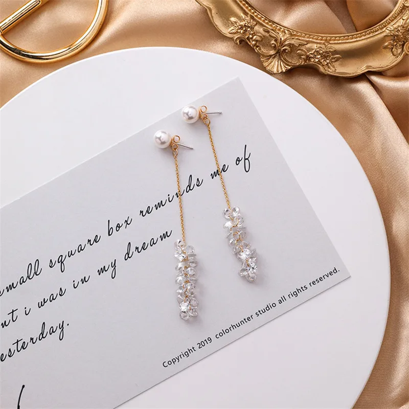 Новые корейские милые жемчужные серьги-цепочки с кристаллами и кисточками