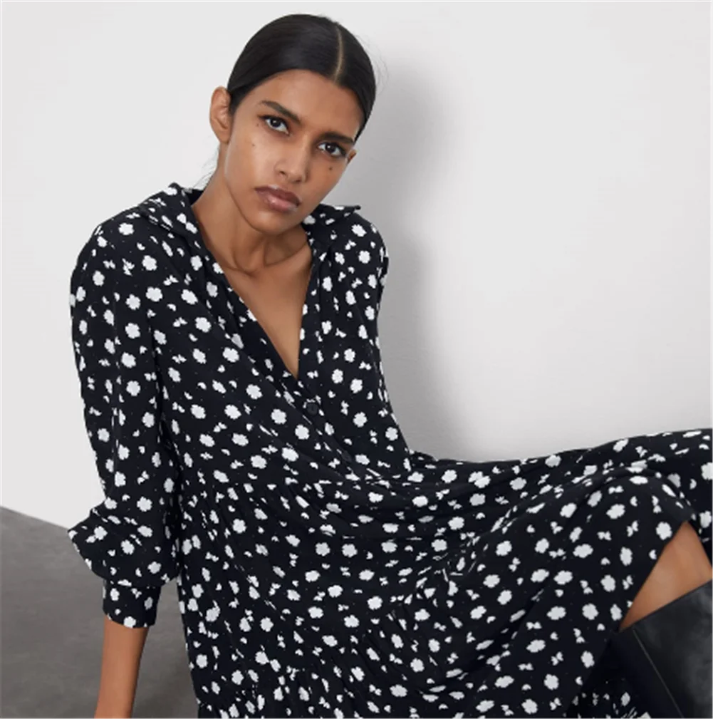 Женское мини платье с принтом ZA богемное отложным воротником и длинным рукавом