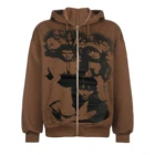 Женское пальто, Длинный топ с капюшоном и портретным принтом, с молнией и карманами для весны и осени, коричневый, SML