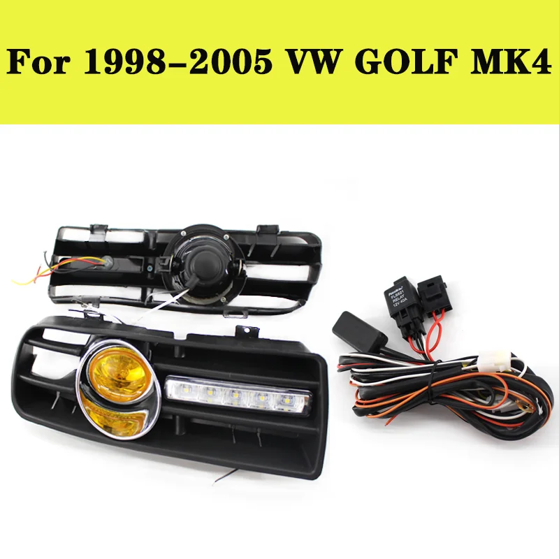 

Front Bumper Grill Amber Lens Fog Light Grille W/ LED DRL Lamp For 1998-2005 VW GOLF MK4