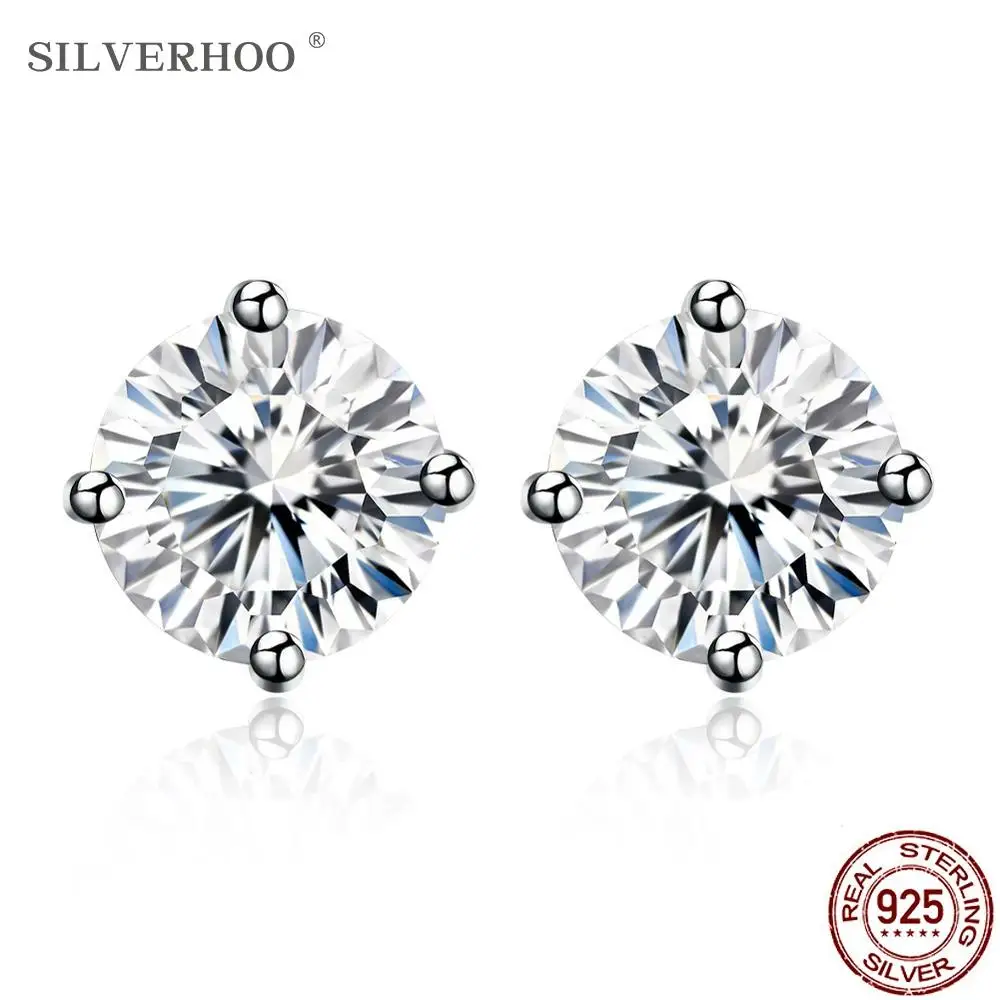 

SILVERHOO 925 Sterling Silver Earrings Round 5A Cubic Zirconia CZ Simple Stud Earring Women Fine Jewelry Hot Selling Party Gift