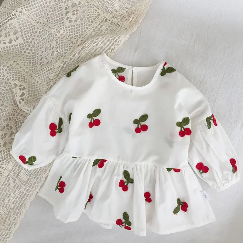 

2021 Girls Fall Round Neck Shirt Printed Cherry Long Sleeve Cotton Top Girls Blouse Children Clothes Korean Baby Clothes
