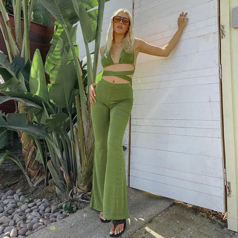 

Летние расклешенные брюки Kefira, сексуальный бандажный укороченный топ с лямкой на шее, женский зеленый топ, брюки, комплект из двух предметов...