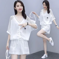 summer 2020 new sets for women fashion casual two piece set female short sleeve top wide leg shorts suit large size loose girl