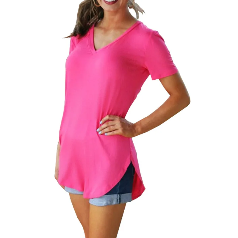 

Summer Plus Size V-Neck Loose Irregular T-shirt Women Casual Split Short-Sleeve T shirt Fashion Solid Soft Tees Streetwear Tops