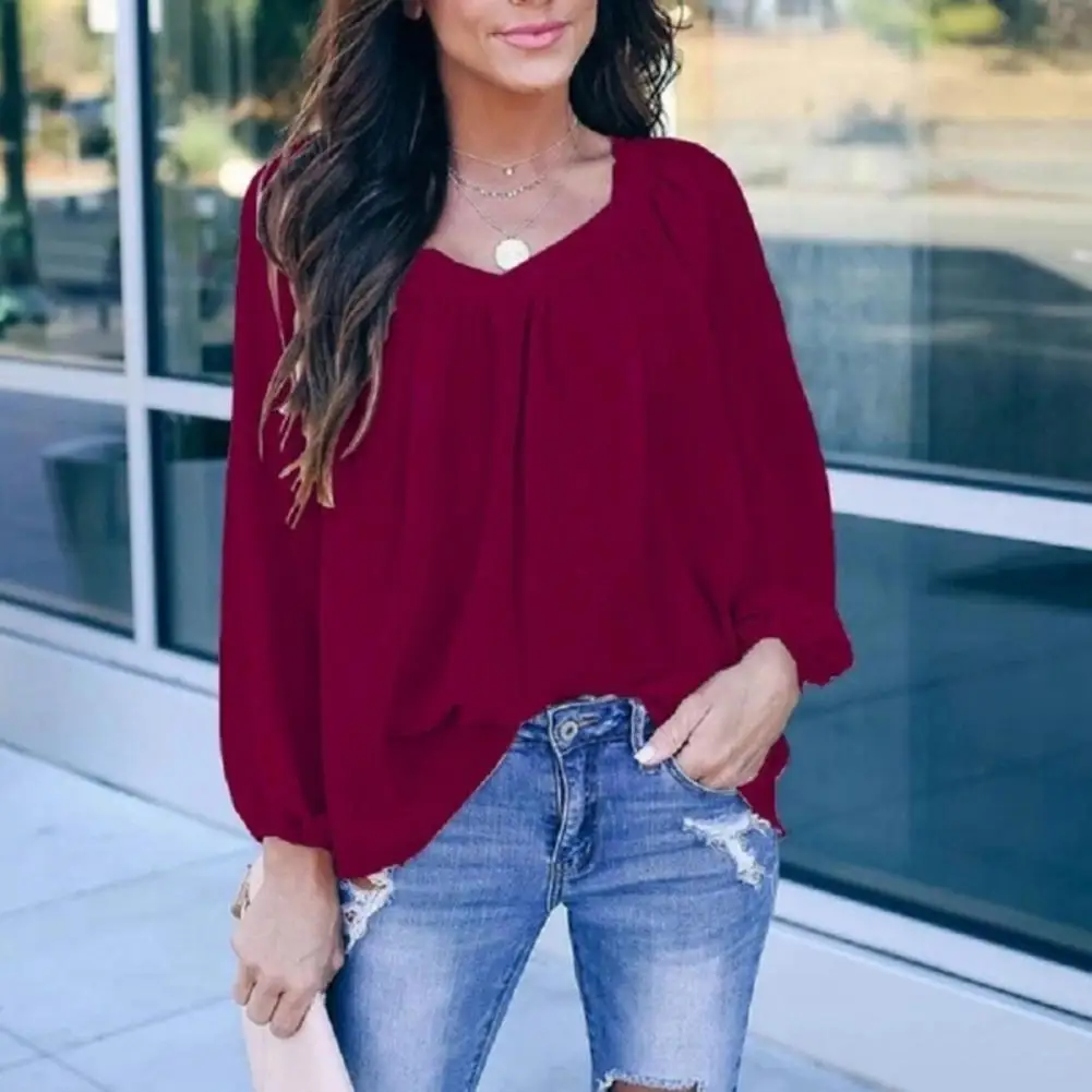 

60%HOTOffice Lady Solid Color Long Sleeve V Neck Shirt Large Hem Back Bowknot Loose Blouse Top