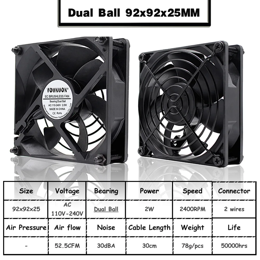Ball 92x92x25MM YOUNUON 60 мм, 80 мм, 90 мм 120 мм EC бесщеточный вентилятор AC 110V 115V 120V 220V 240V осевой вентилятор с Srews/гриль 6025 8025 9225 12025 12038 - Цвет лезвия: Ball 92x92x25MM