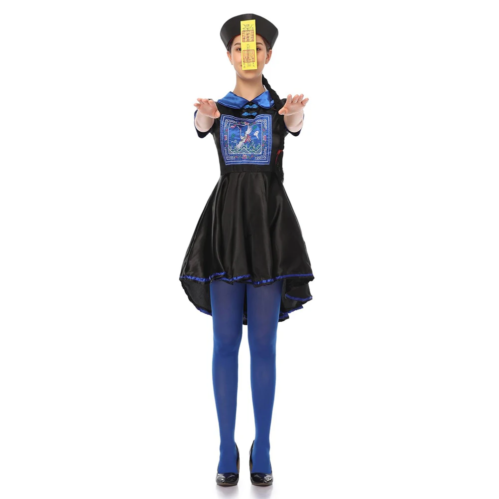 Chinese Zombie Costume Halloween Cosplay Folklore Ghosts Adult Qing Robe Costumed Female Role Plays Black Fancy Dress | Тематическая