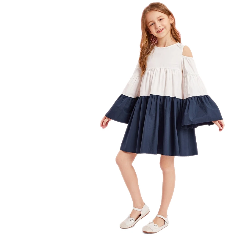 SHEIN Kiddie/многослойное платье с цветным блоком и открытыми плечами для девочек г., Осенний рукав-волан, трапециевидные платья для подростков