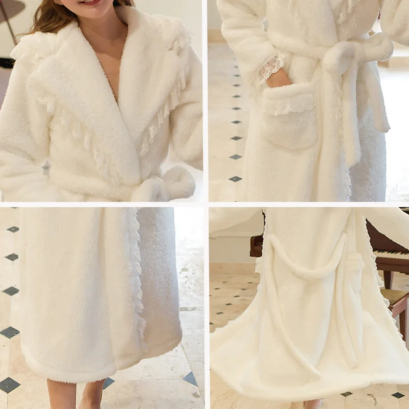 

Coral velvet Nightgown women's thick long lambs pajamas flannel bathrobe Sweet Princess warm home wear