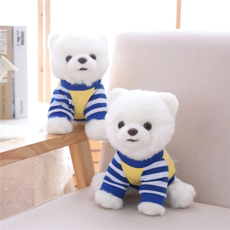 

Adorable Dog Plush Toy Pure White Blue Stripe T-shirt Dressed Pomeranian Doggy Stuffed Animal Pets Toy 25cm Little Kids Gift