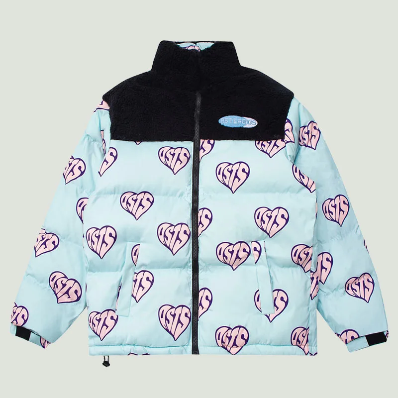 Hip Hop Harajuku Heart Printed Patchwork Parkas Men Winter Padded Warm Oversize Casual Lambswool Jakcets Coats Unisex Streetwear