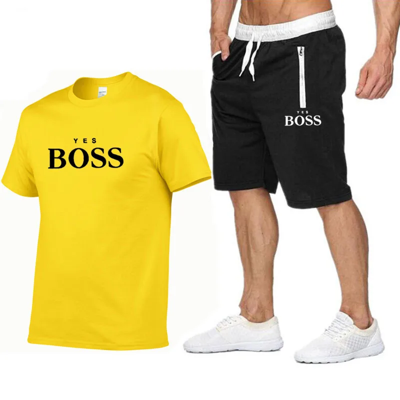 

2021 Summer New YES BOSS Men's Sets Men t-shirt Two Pieces Sets Casual Tracksuit Men/Women suit print Tops+Tracksuit Shorts men