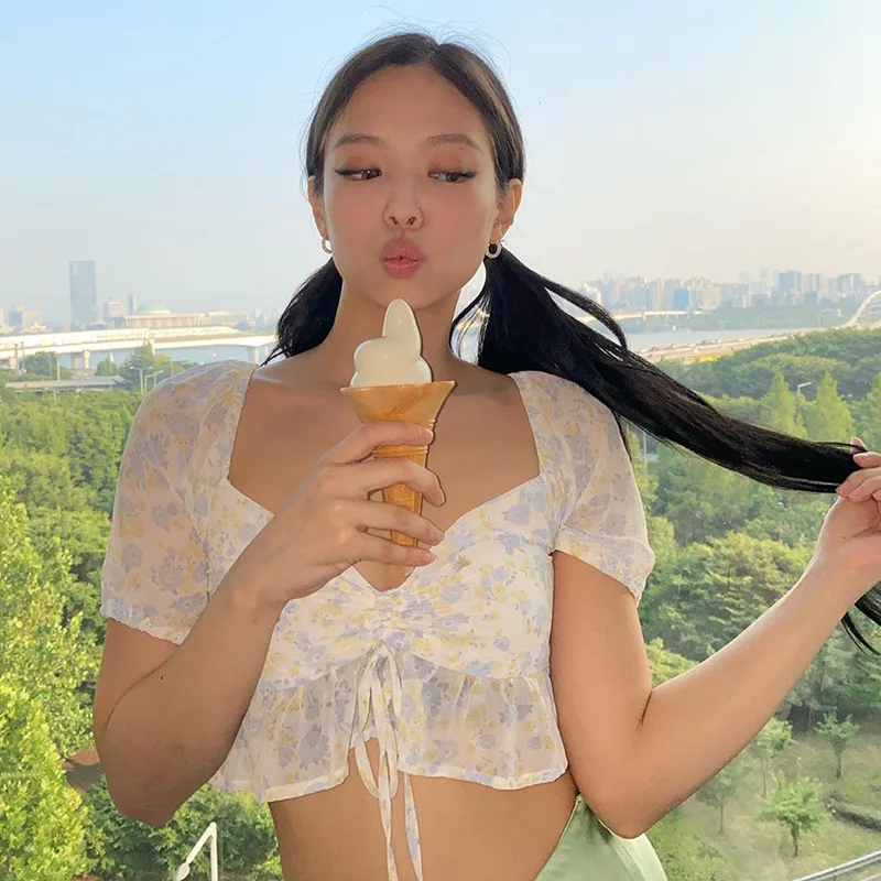 

Women’s Floral Print Short Puff Sleeve Chiffon T-Shirt Summer Fashion Sexy Ruffled Slim Fit Top Summer Outfit