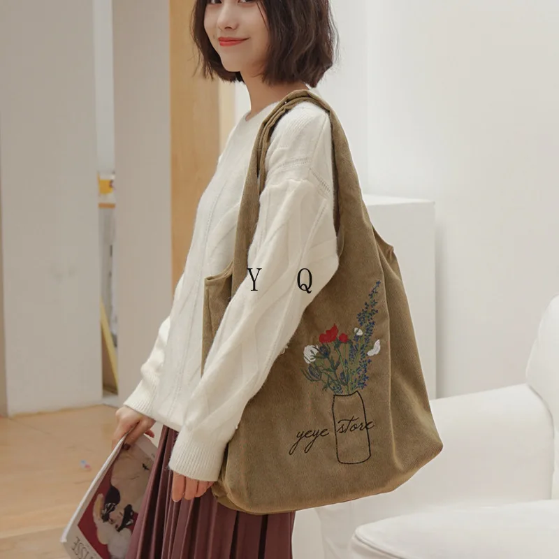 

Women Corduroy Shoulder Bag Ladies Embroidery Canvas Shopping Bags Female Eco Cotton Cloth Handbag Foldable Tote Large Capacity