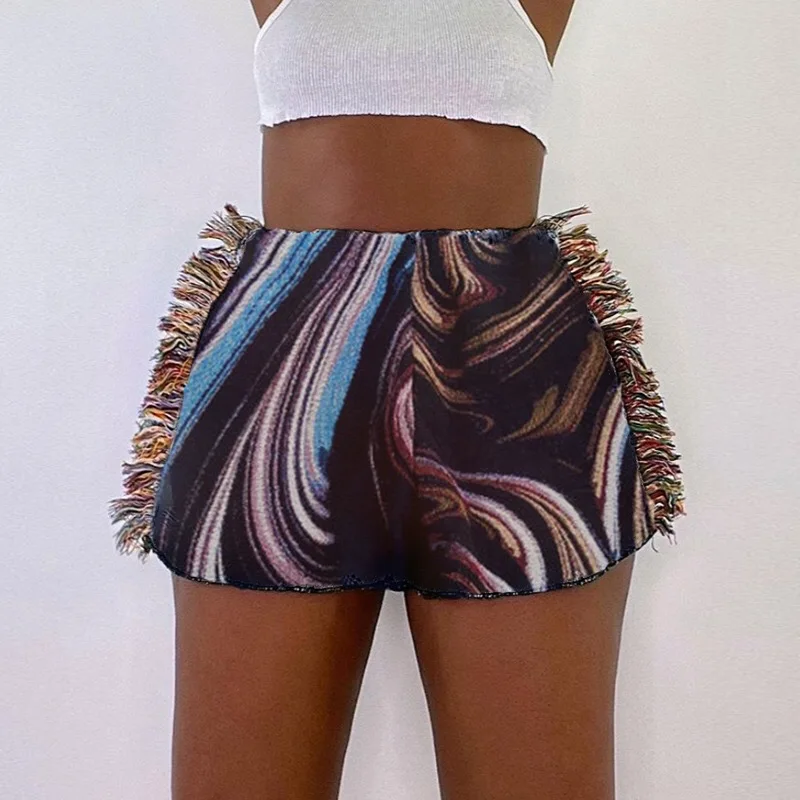 

New Hot Summer 2021 Y2K Vintage Print Stretchy ShortsÂ WomenÂ Casual SideÂ TasselÂ Streetwear Pants Hipster Club Party Outfits