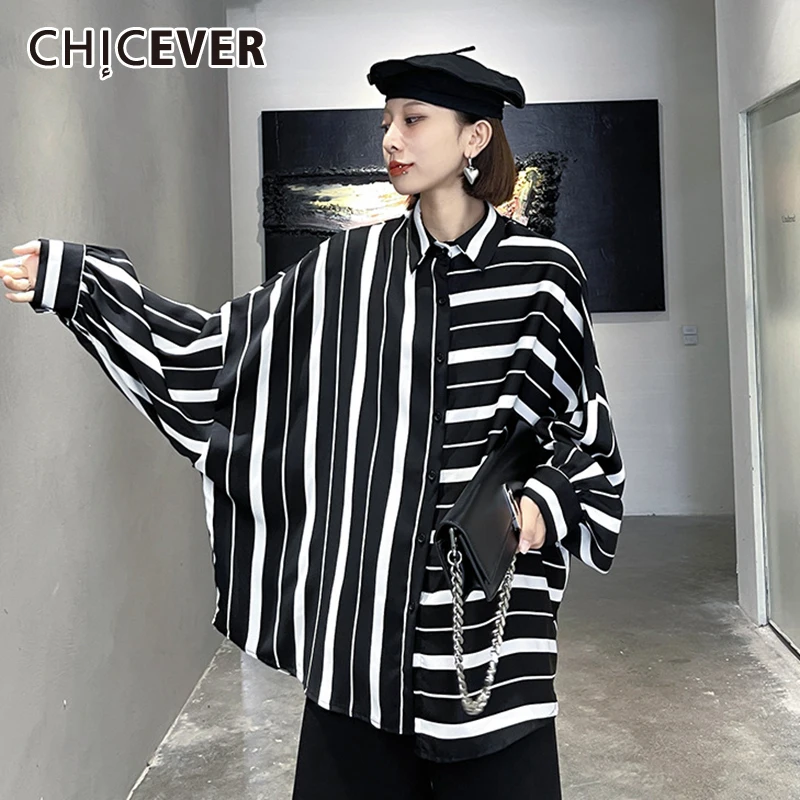 

CHICEVER Print Striped Colorblock Womens Button Through Blouse Lapel Collar Long Sleeve Loose Shirts Female Clothing Autumn 2021