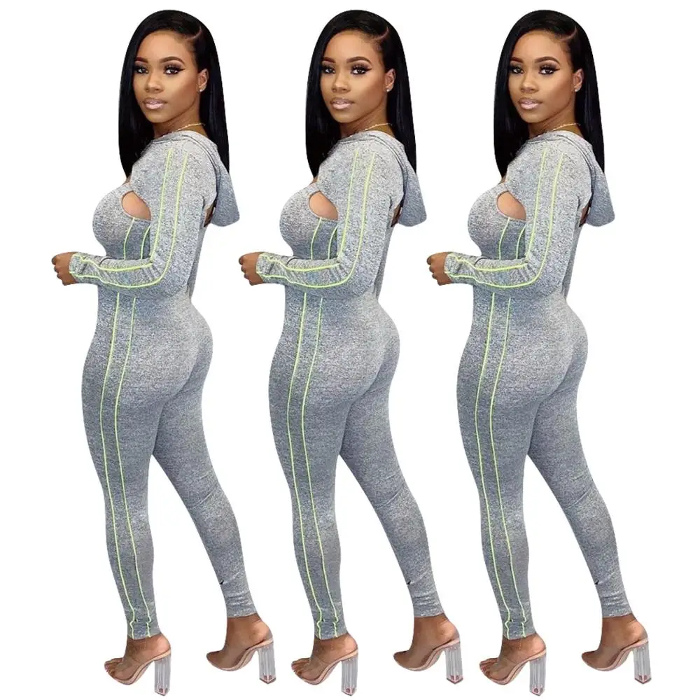 

Fashion Jumpsuit Hooded Long Sleeve Hollow Out Bodysuit Rompers Womens Jumpsuit Sportwear Gray Color Overalls Plus Size 2xl