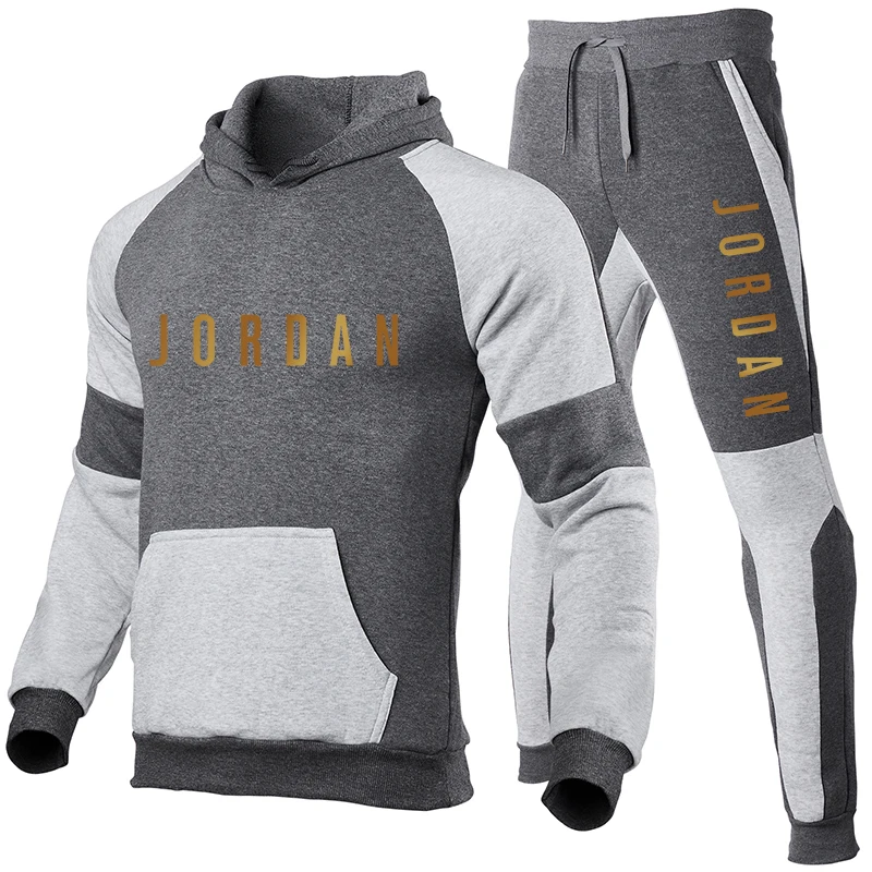 

Mens sports sweater stitching hoodie plus cotton pants winter running jogging suit 2 hot-selling fashion brand casual sportswear