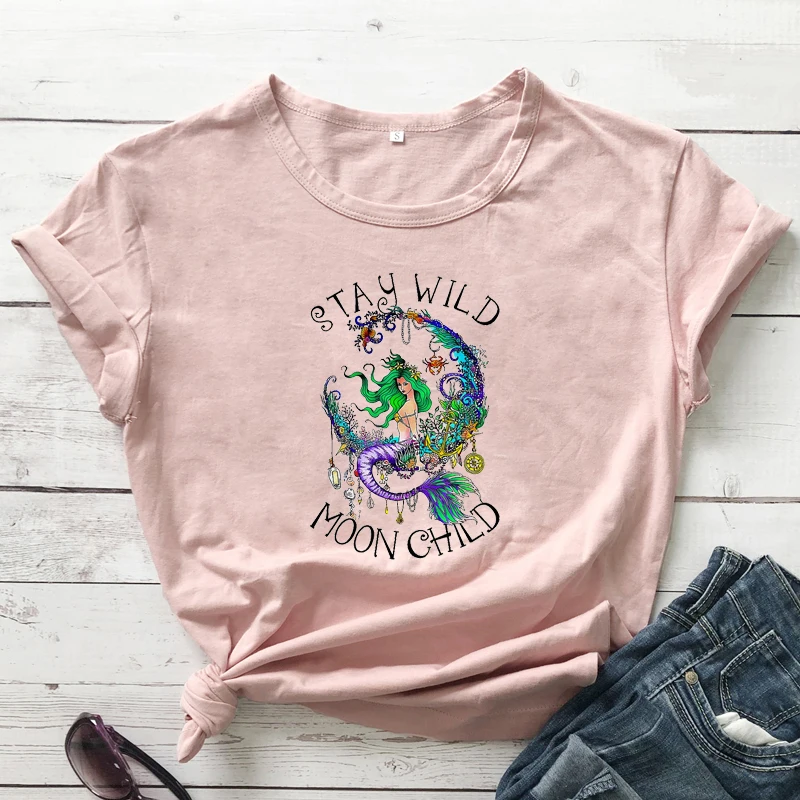 

Stay Wild Moon Child Mermaid Colored T-shirt Vintage Bohemian Hippie Top Tee Shirt Aesthetic Women Graphic Nature Tshirt