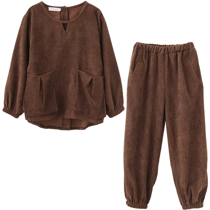 

Spring Autumn Fashion Suit Loose Large Size Pure Color Corduroy Two-piece Female Round Neck Pullover Top + Elastic Waist Pants