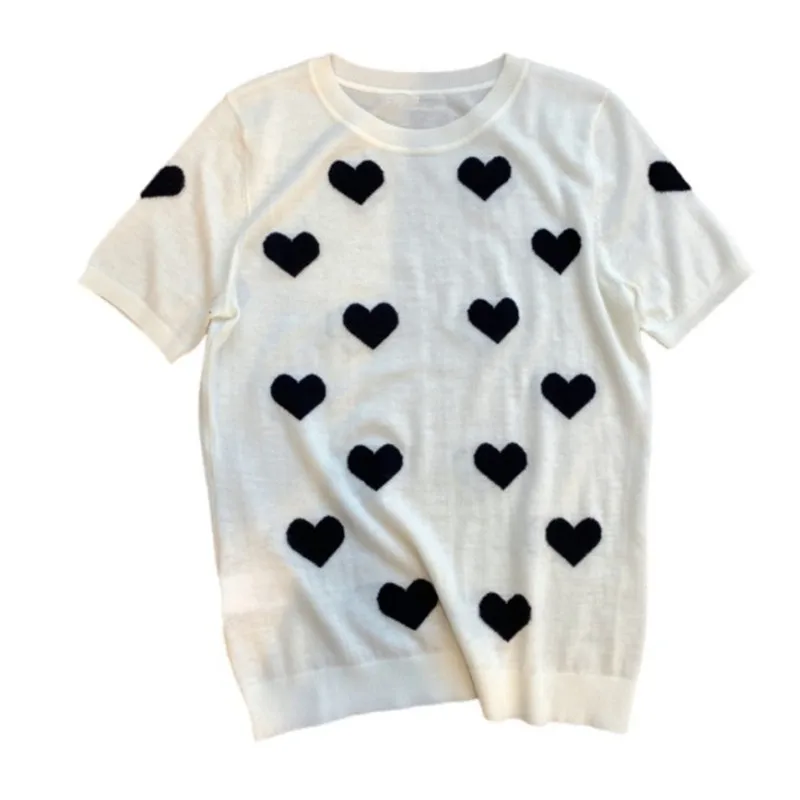 

Love heavy jacquard short-sleeved knit t shirt Summer heart-shaped thin top