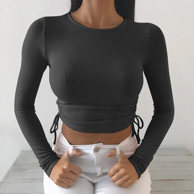

Women's Solid Sexy Lace Up Ruched Long Sleeve Knitting Fashion Short Tops Femme Autumn Streetwear White Black Elegant T Shirt